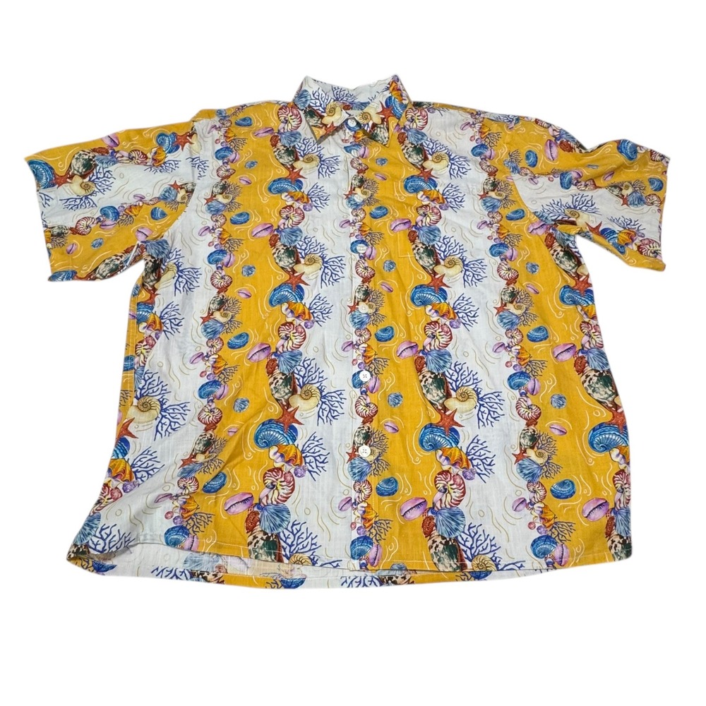 Yiume Hawaiian Yellow Nautical Sea Shell Sz L Tropical Cotton Button Down Shirt